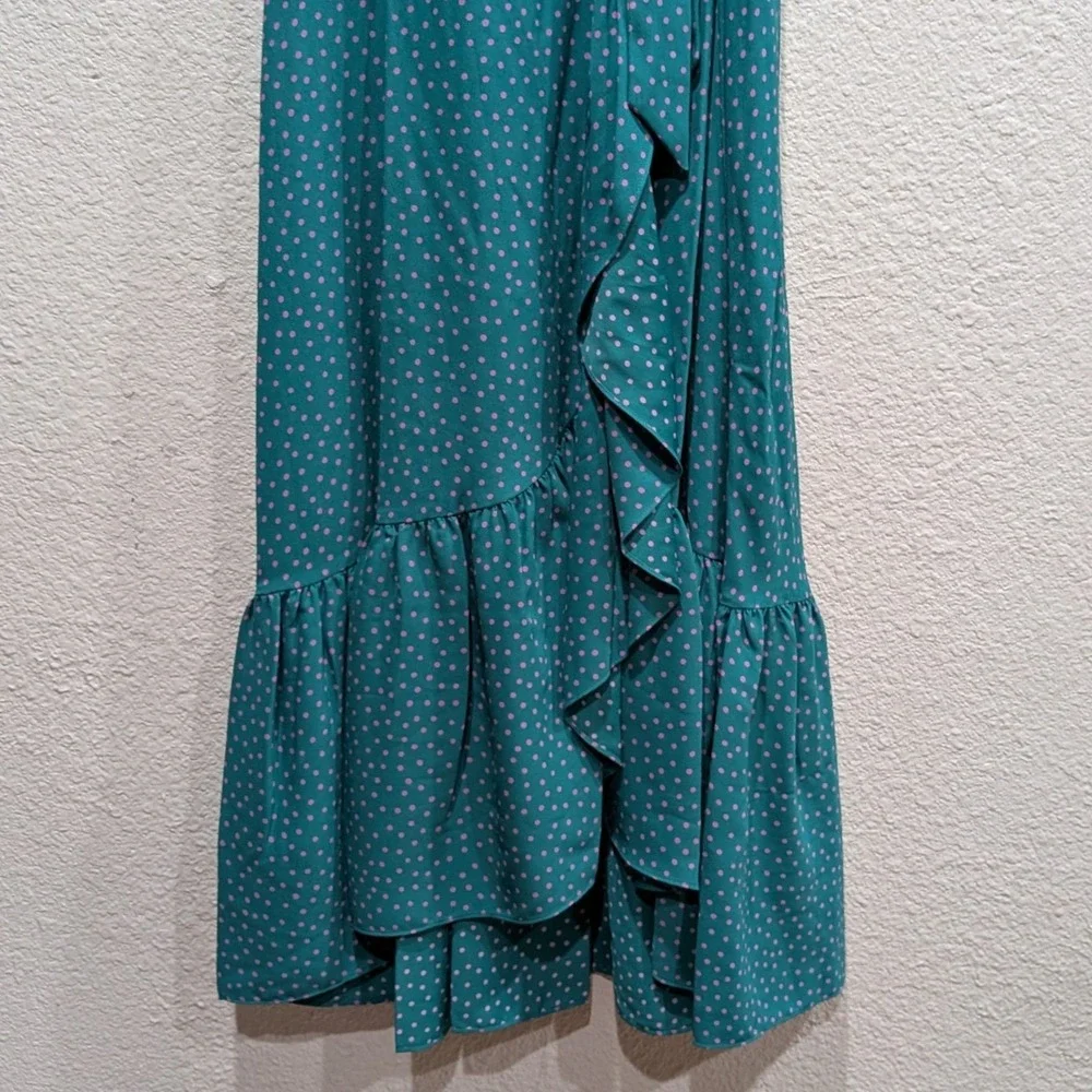 Kate Spade Polka Dot Ruffle Wrap Midi Dress 4 Poolside Green Pink Belted